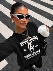 Sweat-shirt col ras-du-cou pour femmes avec motif de visage de fantôme de film d'horreur, Top ample et décontracté de style sombre pour Halloween, choix idéal pour l'automne - Noir - Voir 4