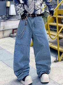 Men's Light Wash Wide Leg Loose Fit Jeans - Blue - View 1