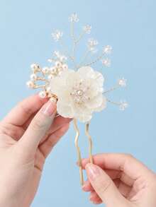 1Pc Elegant Flower Faux Pearl U Shaped Hair Fork, Bridal Hair Pin Wedding Party Hair Accessory For Women - Multicolor - View 6
