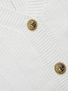 minisummer Women Elegant Fall V‑Neck Knit Cardigan, Gold Button Decor Long Sleeve Basic Tailored Slim Fit Knit Top, Casual Fall Daily Office Outfits - White - View 5