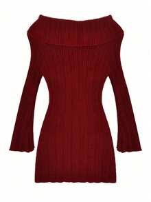 Off-Shoulder Solid Color Knit Dress For Christmas, Autumn And Winter - Red - View 11
