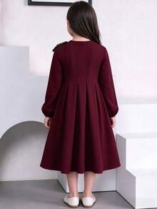 Tween Girls Tween Girl Autumn/Winter Burgundy Pleated Waist A-Line Bow Contrast Design Vintage Cute Casual Vacation Dress - Burgundy - View 3