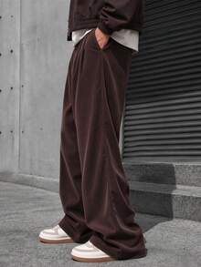 Men's Corduroy Wide Leg Pants, Comfortable Casual Loose Fit Solid Color Versatile Long Pants, Suitable For Spring And Autumn, Street Style, Business Casual Men's Pants - Coffee Brown - View 5