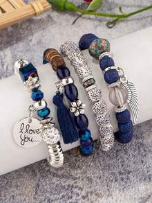 4pcs Bohemian Bodhi Style Bracelets, Fashion Versatile Suitable For Daily Wear (Slight Variation In Bead Size Within The Same Model, Random Bead Quantity And Color Due To Handmade Dyeing Process, Minor Color Difference Is Normal) - Navy Blue - View 4