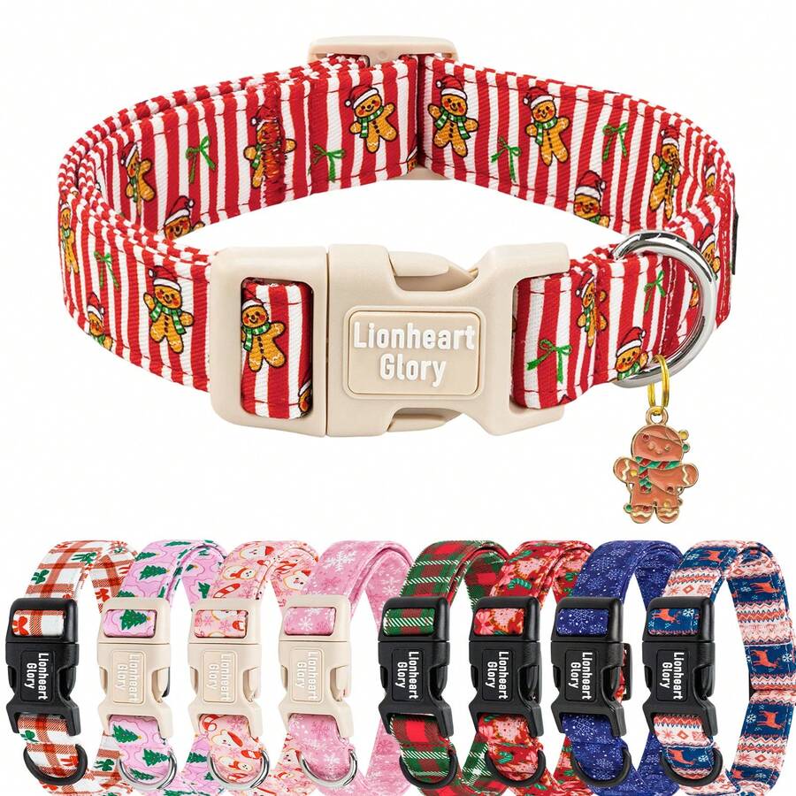 Lionheart Glory Christmas Dog Collar Red Striped Gingerbread Man Pattern Pet Collar Holiday Pet Gift Adjustable Size Pet Neck Collar Suitable For Small, Medium And Large Dogs Travel Leash Pet Accessories - Red - View 1