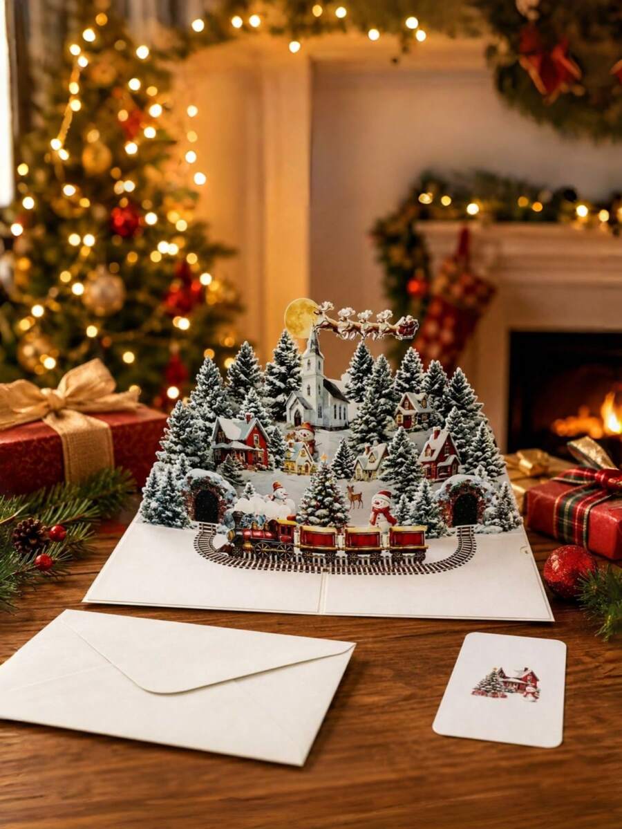 2pcs 3D Night City Snowman Forest Pop-Up Christmas Cards Handmade Winter Gift Christmas Presents Envelopes - A - View 1