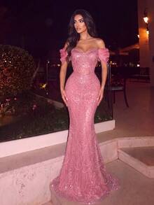 Elegant Cold Shoulder Ruched Sleeve Beaded Sequin Mermaid Fitted Long Dress For Photos, Beach Vacation, Resort, Evening Party & Formal Occasions - Pink - View 1