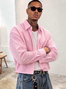 Spring/Autumn American Casual Pink & White Fine Striped Short Shirt Men's Commute Versatile Lapel Long Sleeve Top - Pink - View 2