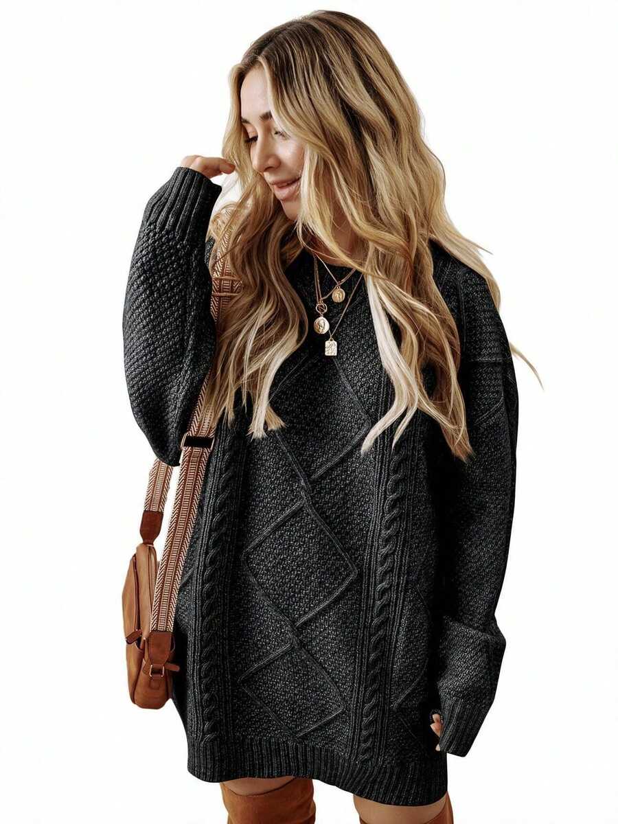 Acelitt Women's Solid Color Knit Textured Pattern Drop Shoulder Oversized Sweater Dress, Autumn/Winter, Can Order One Size Smaller