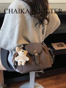 1 buah Tas Ransel Lipat Kain PU, Dapat Diubah Menjadi Tas Selempang, Cocok untuk Bepergian, Berbelanja, dll. (Dengan Gantungan) - Kopi - View 6