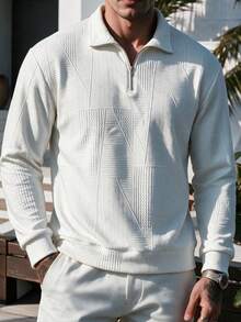 Men's Geometric Textured Jacquard Half-Zip Polo Collar Sweatshirt, Comfortable Casual Autumn/Winter Commuter Style - Multicolor - View 1