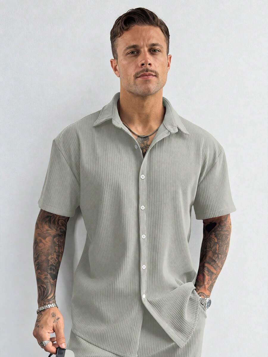 GloMan Old Money Style Men's Textured Solid Color Ribbed Knit Short Sleeve Polo Shirt, Summer Vacation Casual Office Wear, Gift For Father Or Husband - Light Grey - View 1