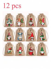50/24/12/1pc Christmas Style Burlap Drawstring Gift Pouch, Rectangular Sack With Cute Gnome Print Pattern,Drawstring Closure For Gift Storage, Gift Packaging Bag,Party Favor Sack For Christmas Holiday Gift Wrapping Christmas Gift Bag Christmas Decor - Multicolor - View 12
