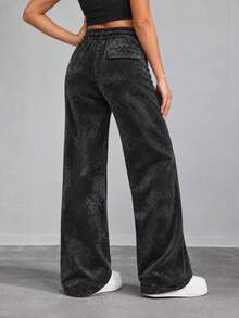 Women Black Wide Leg Sweatpants High Waist Elastic Drawstring Loose Casual Straight Leg Trousers - Black - View 8