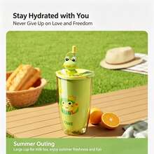 QWE AS Material Straw Water Bottle 600ML Cartoon 3D Figurine Straw Lid Portable Milk Tea Cup - Green - View 12
