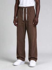 Brown Corduroy Drawstring Wide Leg Casual Pants, Elastic Waist American Retro Loose Straight Leg Long Pants For Men - Brown - View 5