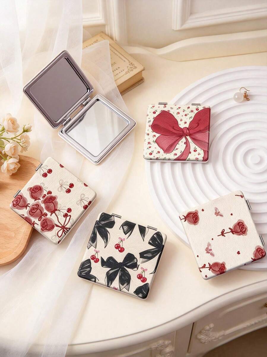 1PC Millennium Y2K Series Portable Vanity Mirror, Foldable Lightweight Ultra-Thin Convenient Hand Mirror, PU Leather, Suitable For Multiple Scenarios And All People, Foldable Small Square Mirror, Pocket Mirror, Cartoon Bow, Ditsy Floral, Rose, Cherry, Heart, Butterfly Printed Pattern Design, Exquisite Handheld 180° Flip Cover Multifunctional Mini Mirror - Multicolor - View 1