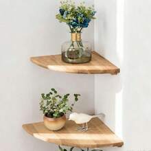 Corner Floating Wall Shelves 2-Piece Set, Multi-Size, Rustic Wooden Storage Display Wall Rack For Home Decor, Kitchen, Bedroom, Living Room, Office (Natural Wood Color) - Beige - View 1