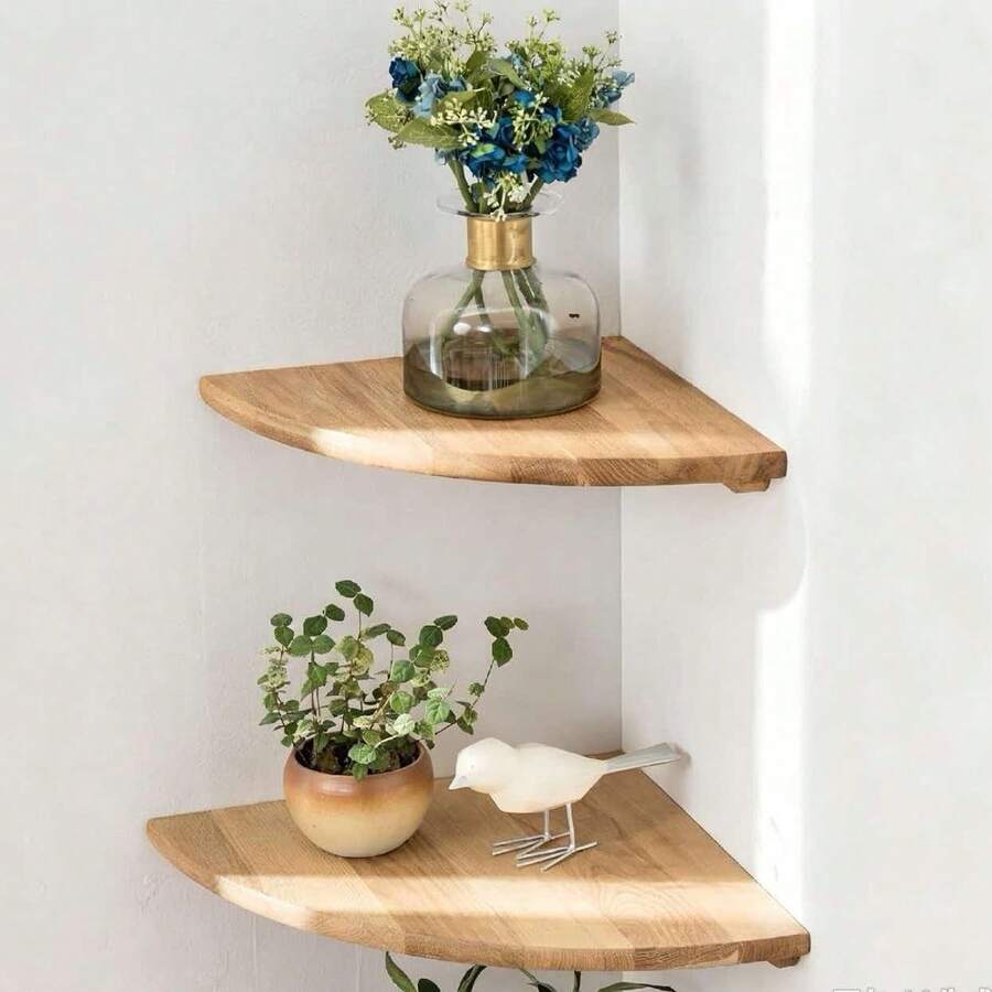 Corner Floating Wall Shelves 2-Piece Set, Multi-Size, Rustic Wooden Storage Display Wall Rack For Home Decor, Kitchen, Bedroom, Living Room, Office (Natural Wood Color) - Beige - View 1