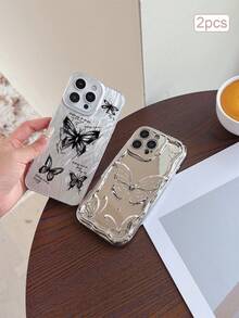 2件裝美學粉色蝴蝶字母圖案彩繪新款時尚電鍍水滴波紋TPU防摔手機殼，適用於Apple XS/XS Max/XR/11/12/13/14/14 Plus/15/15 Plus/16/16 Plus/7/8 Plus保護套 - 彩色 - 查看 2