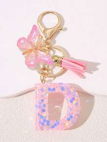 Women's Fashion Initial Keychain With Cute Butterfly Tassel Sequin Resin Letter Key Ring Pendant, Backpack Wallet Handbag Car Key Chain Charm, Valentine's Day Gift For Girlfriend - Pink - View 15