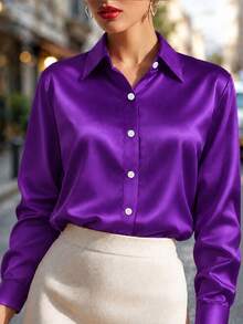 Plus Size Women's Fashion New Arrival Casual Satin Button-Up Shirt Spring - Purple - View 1