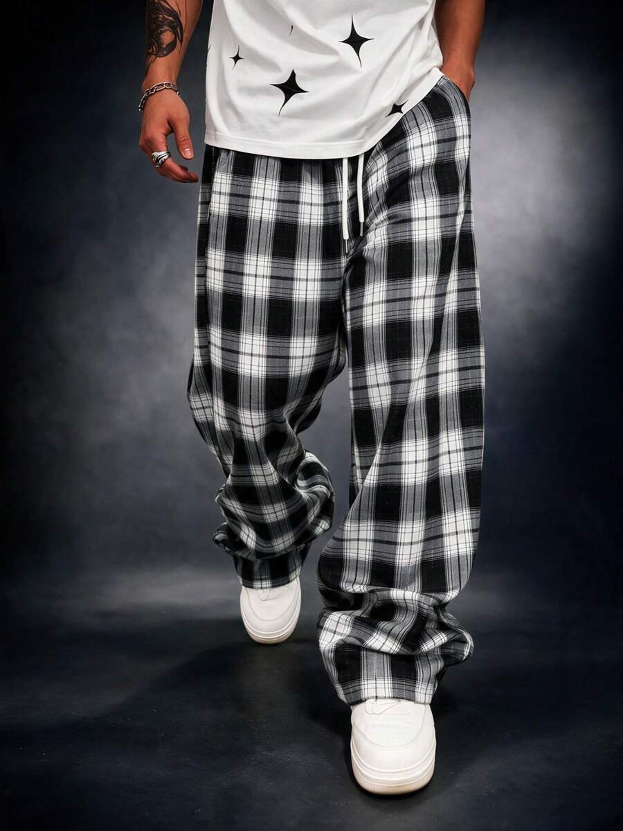 SU ER Men's Summer Casual Elastic Waist Drawstring Loose Drapey Lazy Wide Leg Plaid Curved Hem Long Pants - Black and White - View 1