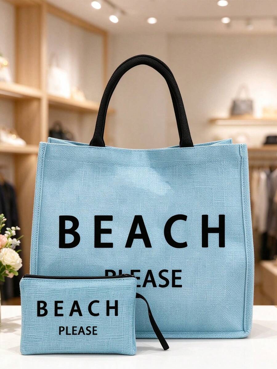 大容量亞麻托特包,印有「BEACH」字母圖案,便攜大容量購物袋,亞麻手柄托特包,多功能收納袋,個性化禮品袋,適用於旅行、購物、度假、返校、派對等場合,母親節、生日、教師節、週年紀念、節日禮物、派對活動的完美伴侶 - 彩色 - 查看 1