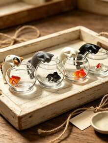 Cute Miniature Cat Catching Fish Figurine; Adorable Cat Catching Fish In Front Of An Aquarium - Perfect For Home/Car Dashboard Decoration. One Random Design. Suitable For Living Rooms, Bedrooms, Desks, Offices, And Other Home Decor. - As Shown In the Picture - View 5