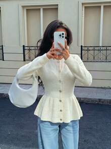 Fashionable Women's Fitted Button-Up Cardigan Sweater, Long Sleeve Ribbed Knit Top With Flared Hem And Round Neck, Suitable For Daily Wear And Autumn/Winter Fashion - Apricot - View 1