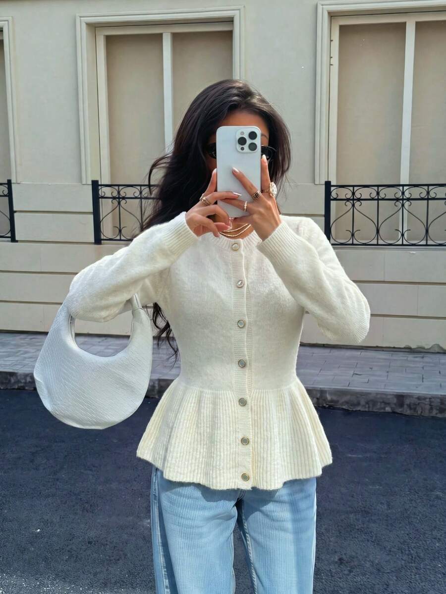 Fashionable Women's Fitted Button-Up Cardigan Sweater, Long Sleeve Ribbed Knit Top With Flared Hem And Round Neck, Suitable For Daily Wear And Autumn/Winter Fashion - Apricot - View 1