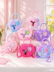 1pc Children's Heart-Shaped Mermaid Tail & Starfish Sequin Decor Plush Detachable Shoulder Strap Large Capacity Cute Style Handbag/Crossbody Bag, Suitable For Parties And Daily Outings - Multicolor - View 2