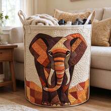 1pc Exquisite Patchwork Elephant Quilted Laundry Storage Basket, Large Capacity Round Clothes Storage Bin, Reinforced Handle Design, Foldable Self-Standing Fabric Storage Bucket, Suitable For Dirty Clothes, Toys, Blankets Storage, Bedroom Bathroom Nursery Home Decor, Housewarming Gift, Holiday Gift - Multicolor - View 1