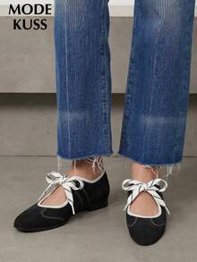 MODE KUSS New Women's Fashion Retro Contrast Color Bow Black Mary Jane Shoes, Slip-On Round Toe Commuter Soft Sole Ballet Flats - Black - View 2
