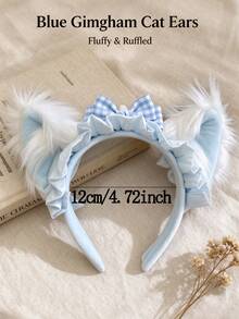 1pc Sweet Lolita Plush Cat Ear Headband With Ruffle And Bow Decoration, Cute Fluffy Animal Ear Hair Accessory For Women Cosplay Party Makeup Hairstyle - Multicolor - View 6