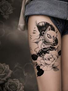 1pc Japanese Mask Portrait Temporary Tattoo Sticker, Peony Floral Print Fashionable Tattoo Sticker, Suitable For Girls' Arms, Legs, Back, Waist, Waterproof And Sweat-Proof, Sexy And Cool Tattoo Sticker, Looks Very Realistic, Easy To Use And Remove, Wedding Music Festival Party Supplies, - Black - View 4