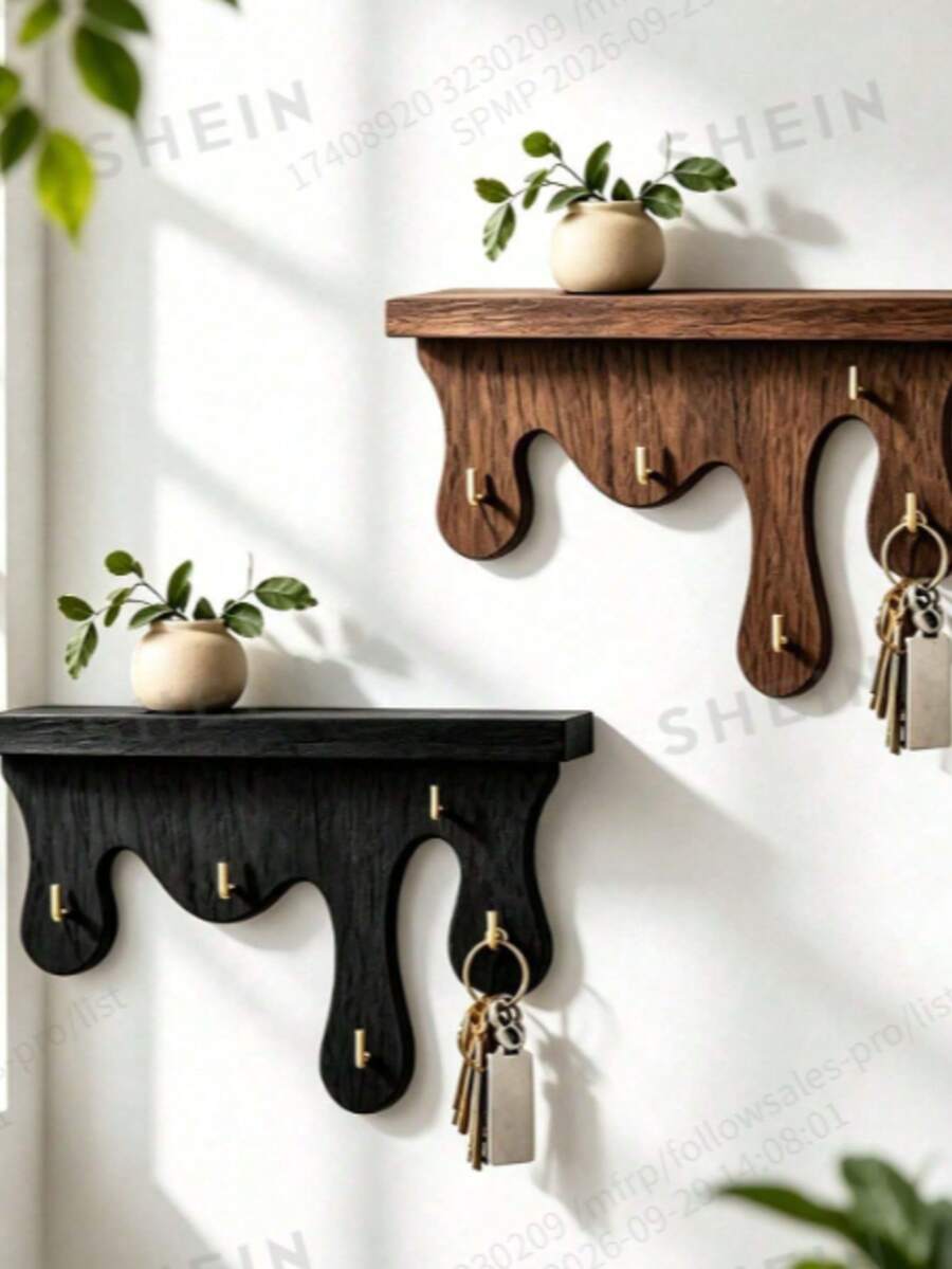 Perchero de pared de estilo goteo de madera con ganchos, marco decorativo, estante de almacenamiento de llaves para la entrada, artículo de decoración pequeño, decoración de pared del hogar, estante de almacenamiento de la entrada, adecuado para dormitorio, sala de estar, cocina, pasillo, diseño de interiores de estilo minimalista moderno y campestre - Ver 1
