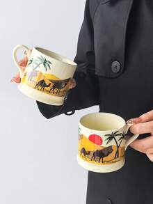 1pc Desert Camel Sunset Ceramic Mug, Middle Eastern Style Arabic Coffee Cup, Palm Tree Pattern Household Breakfast Cup, Water Cup, Tea Cup, Suitable For Brewing Coffee, Tea, Daily Use - Multicolor - View 8
