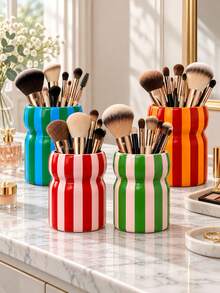 1pc Colorful Striped Makeup Brush Holder, Glossy Vanity Organizer For Brushes And Beauty Tools - Multicolor - View 2