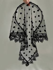 1PC Black Polka‑Dot Sheer Tulle Headband, Vintage Lace‑Trimmed Headpiece, Masquerade & Performance Hair Accessory - Black - View 3