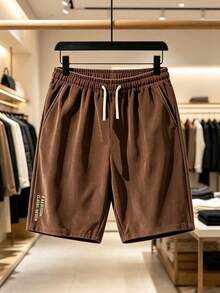 Men's Summer Corduroy Straight Leg Drawstring Shorts, Loose Casual Sports Beach Pants, Letter Pattern Decoration, With Pockets - Coffee Brown - View 2
