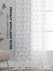 1pc Geometric Pattern Minimalist White Curtain, Top Grommet Portable Installation, Balcony Bedroom Solid Color Home Triangle Pattern Decorative Translucent White Sheer Curtain - White - View 3