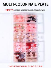 240片（10款混色）Y2K中方型3D凝膠彩色法式穿戴甲，含3D凝膠花朵、豹紋、波點、水鑽與金珍珠設計，秋季易穿戴壓克力假指甲套組，適合女孩日常與派對使用 - 彩色 - 查看 6