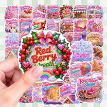 50Pcs Shining Christmas Aesthetic Stickers, Holographic Glitter Festive Text Winter Waterproof Vinyl Decals, DIY Decor For Water Bottle, Laptop, Scrapbook, Gift Wrapping - one-size - View 1
