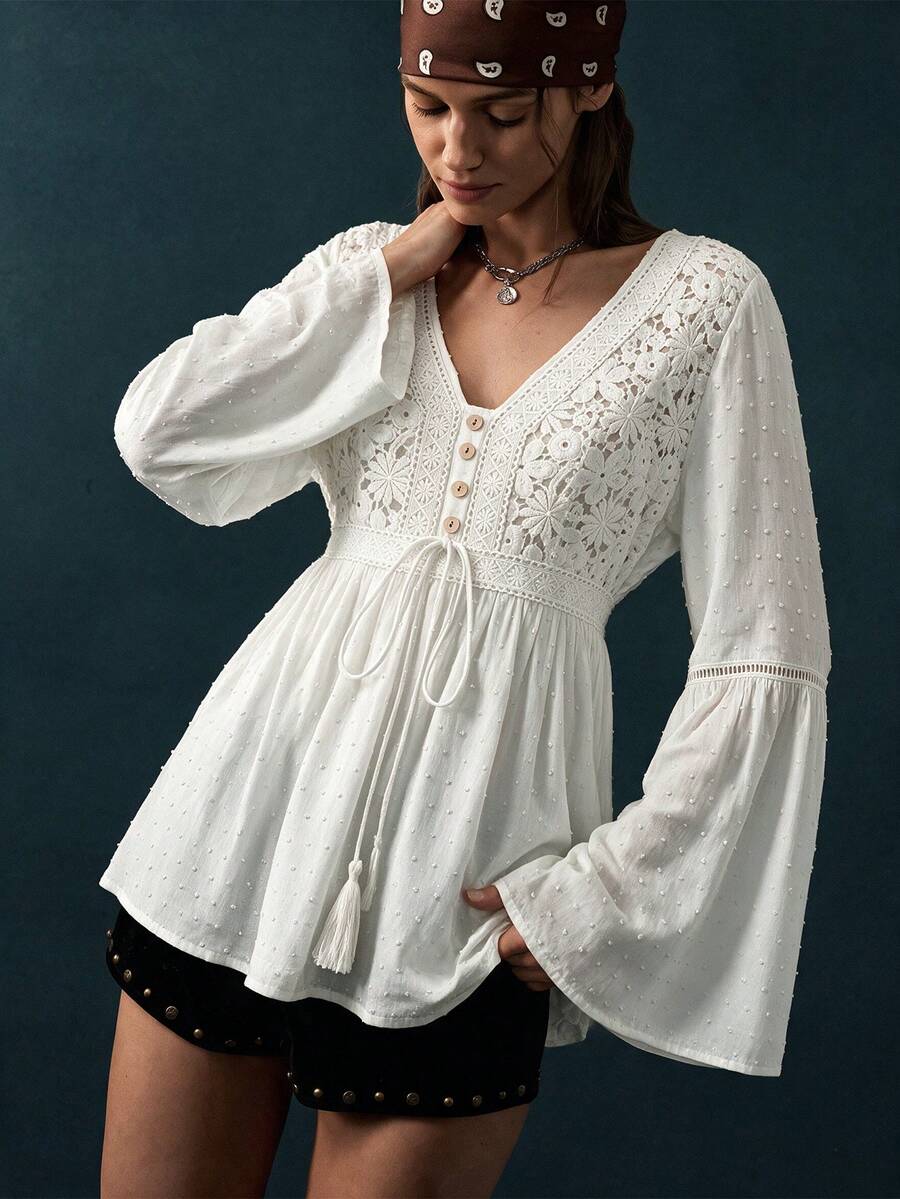 Rusttydustty Women's Bohemian Lace Patchwork Flare Sleeve Waist Tie White Top, Suitable For Autumn, Halloween - White - View 1