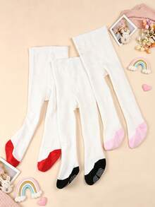 3 Pairs Baby Girl Color Block Non-Slip Bottom Tights, Soft Knitted White Base Tights, Full Foot Tights For Infants, Suitable For Daily Wear - Multicolor - View 4