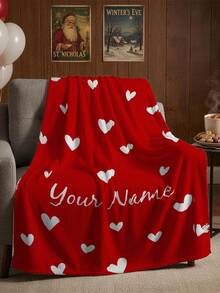 1pc Customized Blanket, Soft Plush Blanket With Customizable Name, Valentine's Day Red Heart Print Design, Personalized Name Blanket, Personalized Gift For Family, Customized Commemorative Gift For Wife And Husband, Very Suitable For Home Use Warm Blanket, Customized Plush Blanket For Wife On Valentine's Day - Multicolor - View 2