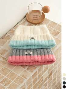 1pc Adorable Cat Ear Colorblock Knitted Beanie Hat For Women, Warm And Versatile, Face-Slimming Woolen Headwear For Autumn/Winter - Color-block Turned-edge Cat Ears - View 8