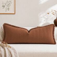 1pc Caramel Rust Brown Chenille Lumbar Pillow Case 20X20 Inch, Herringbone Texture Tassel Edge Long Pillow Cover, Sofa Bedroom Bed Head Decor Pillow Case, Pillow Insert Not Included - Orange - View 1