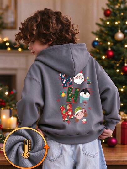 1pc Boys Girls Christmas Hoodie, Fleece Pullover Sweatshirt With Back Graphic Print, Kids Winter Warm Long Sleeve Holiday Party Top - Christmas Gift